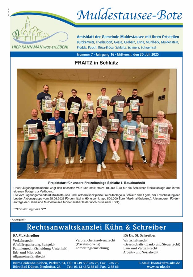 Muldestausee-Bote – Amtsblatt der Gemeinde Muldestausee mit ihren Ortsteilen Titelblatt 07/2025