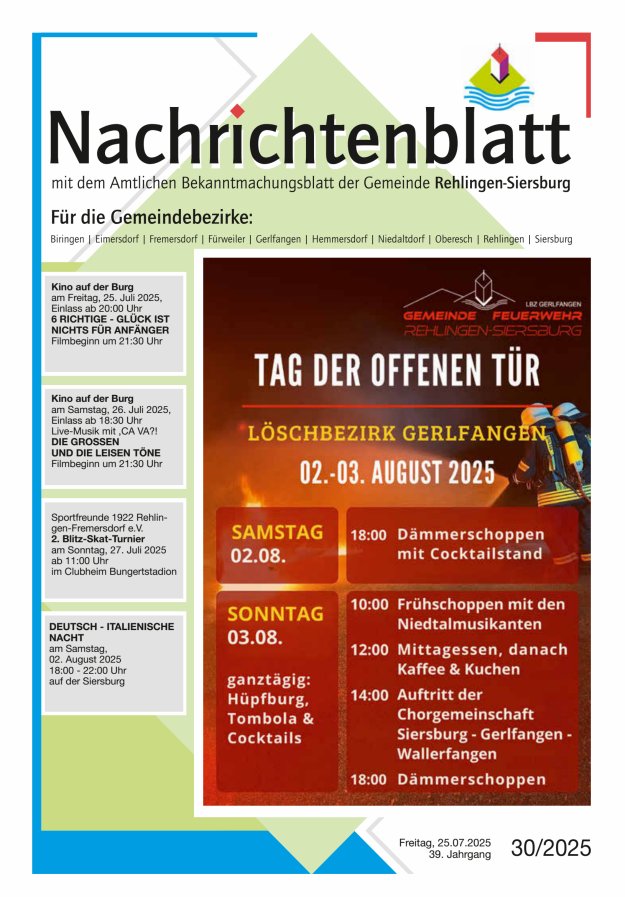 Nachrichtenblatt Rehlingen-Siersburg Titelblatt 30/2025