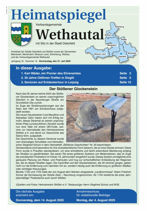 Heimatspiegel Verbandsgemeinde Wethautal mit Sitz in der Stadt Osterfeld Titelblatt 15/2025