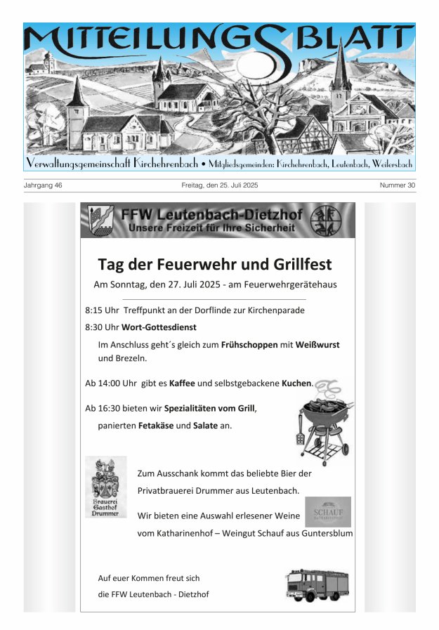 Mitteilungsblatt Verwaltungsgemeinschaft Kirchehrenbach Titelblatt 30/2025