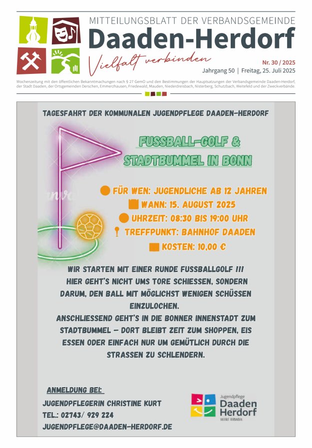 Mitteilungsblatt der Verbandsgemeinde Daaden-Herdorf Titelblatt 30/2025