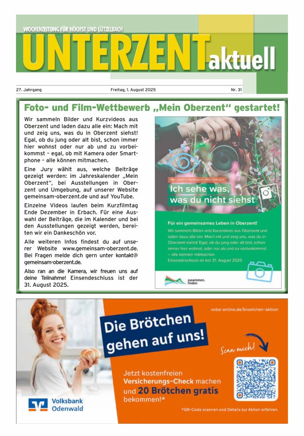 Unterzent aktuell Wochenzeitung für Höchst und Lützelbach Titelblatt 31/2025