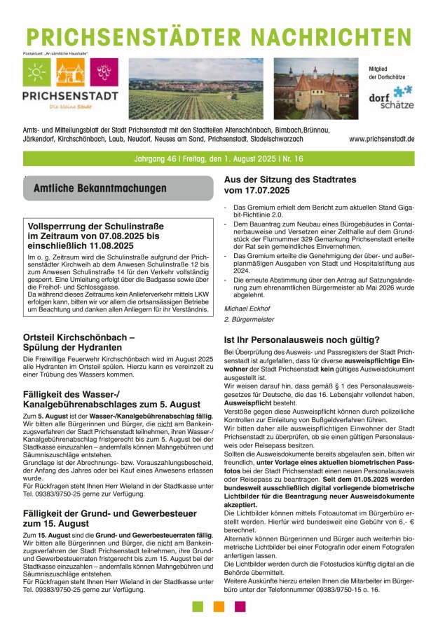 Prichsenstädter Nachrichten Titelblatt 16/2025