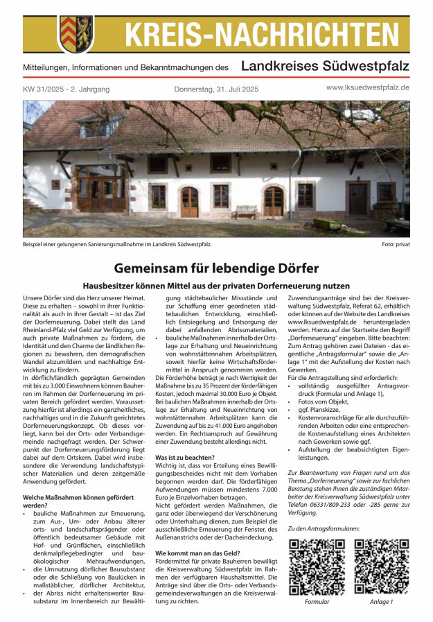 Kreis-Nachrichten - Mitteilungen des Landkreises Südwestpfalz Titelblatt 15/2025