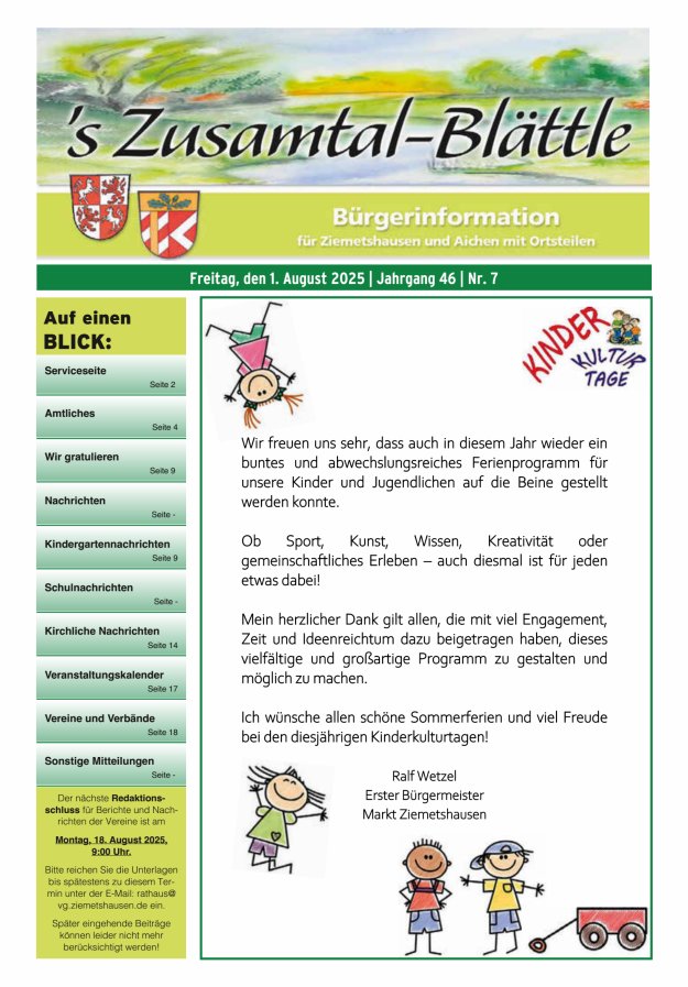 's Zusamtal-Blättle Bürgerinformationen für Ziemetshausen und Aichen mit OTen Titelblatt 07/2025