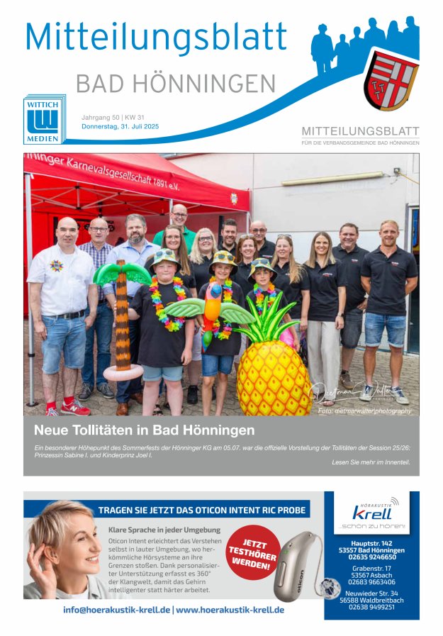 Mitteilungsblatt für den Bereich der Verbandsgemeinde Bad Hönningen Titelblatt 31/2025