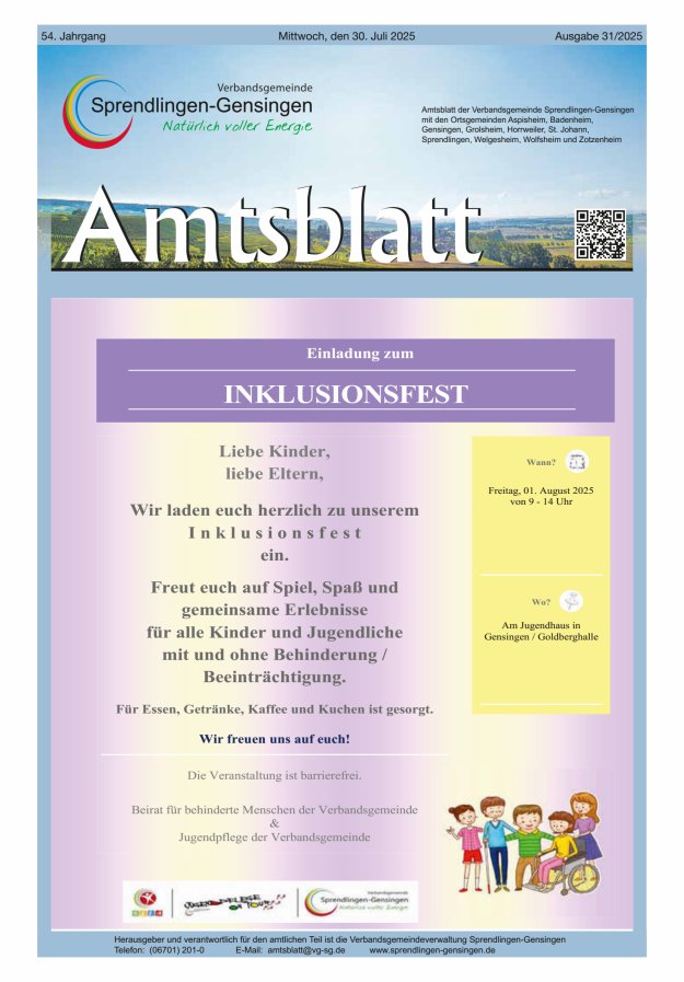 Amtsblatt VG Sprendlingen-Gensingen Titelblatt 31/2025