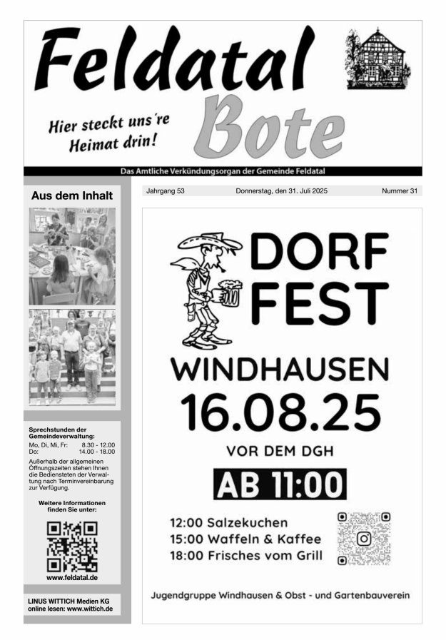 Das Amtliche Verkündungsorgan der Gemeinde Feldatal Titelblatt 31/2025