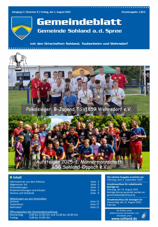 Amtsblatt der Gemeinde Sohland a. d. Spree mit den Ortschaften Sohland, Taubenheim und Wehrsdorf Titelblatt 08/2025