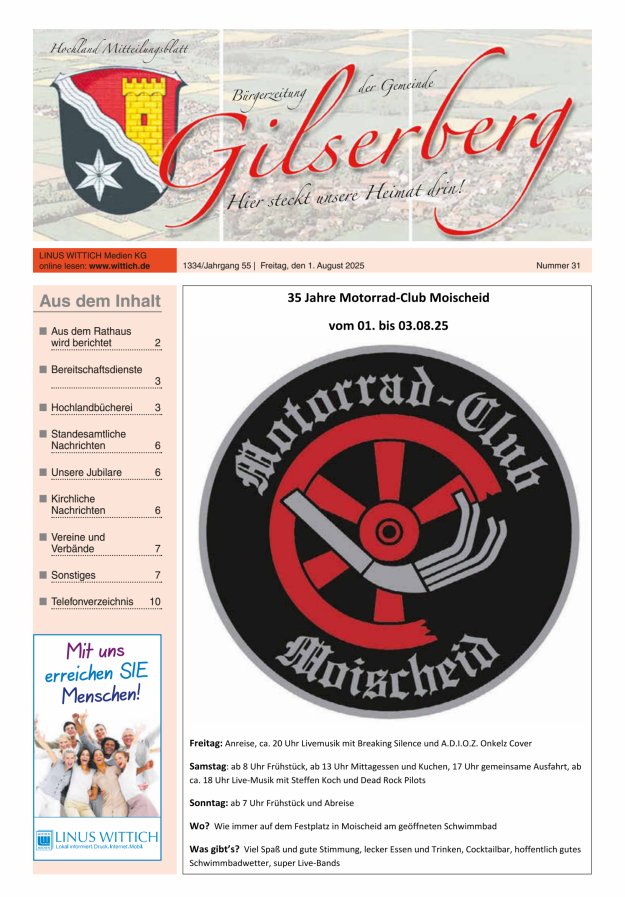 Hochland Mitteilungsblatt Gilserberg Titelblatt 31/2025