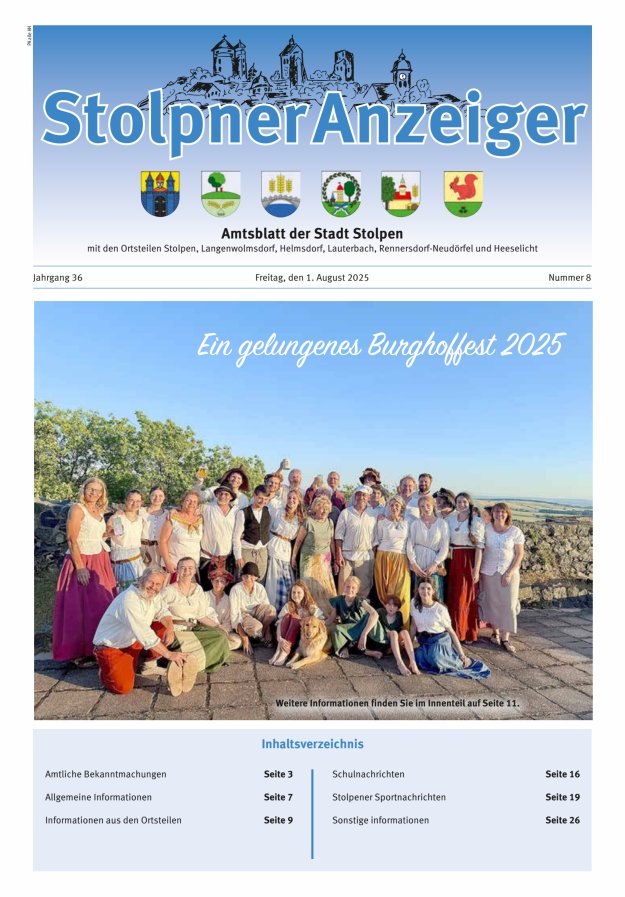 Stolpner Anzeiger - Amtsblatt der Stadt Stolpen mit den Ortsteilen Titelblatt 08/2025
