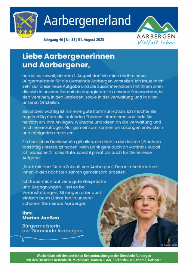 Aarbergenerland - Wochenblatt mit den amtlichen Bekanntmachungen Titelblatt 31/2025