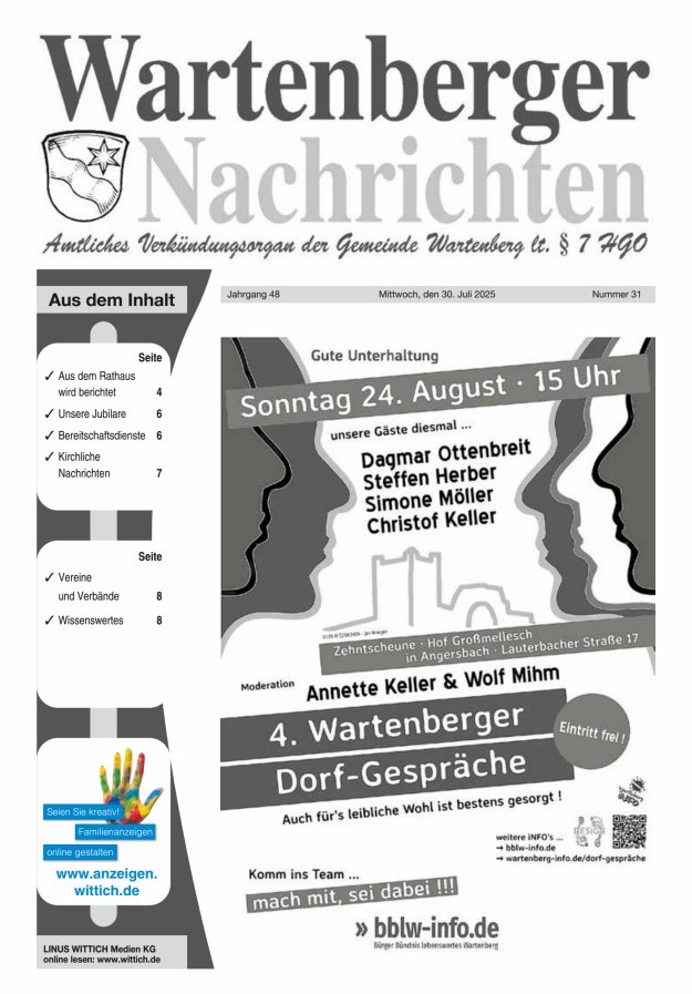 Wartenberger Nachrichten Titelblatt 31/2025