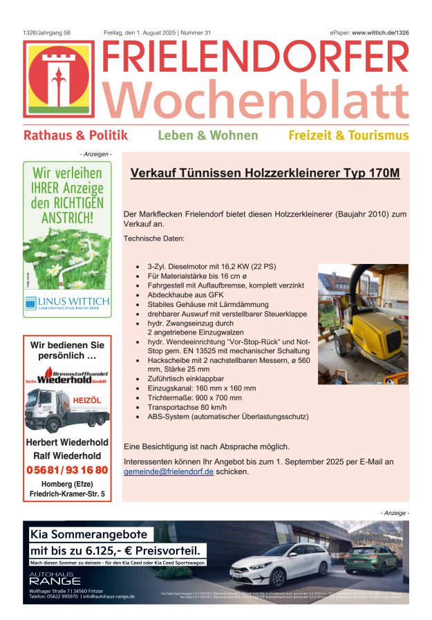 Frielendorfer Wochenblatt Titelblatt 31/2025