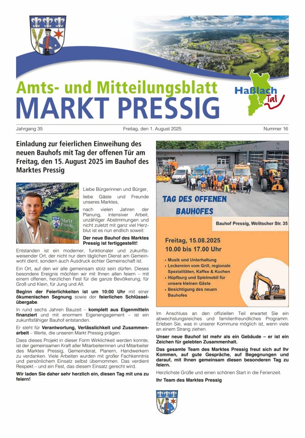 Amtsblatt für den Markt Pressig mit den Gemeindeteilen Titelblatt 16/2025