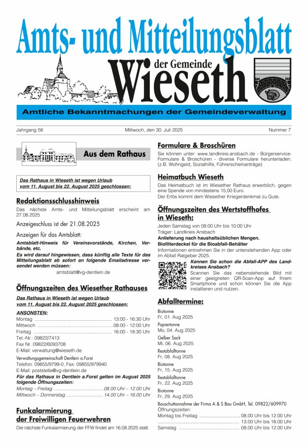 Amts- und Mitteilungsblatt der Gemeinde Wieseth Titelblatt 07/2025