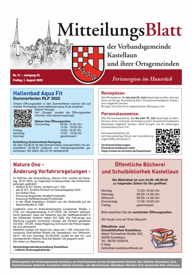 Mitteilungsblatt Kastellaun Titelblatt 31/2025