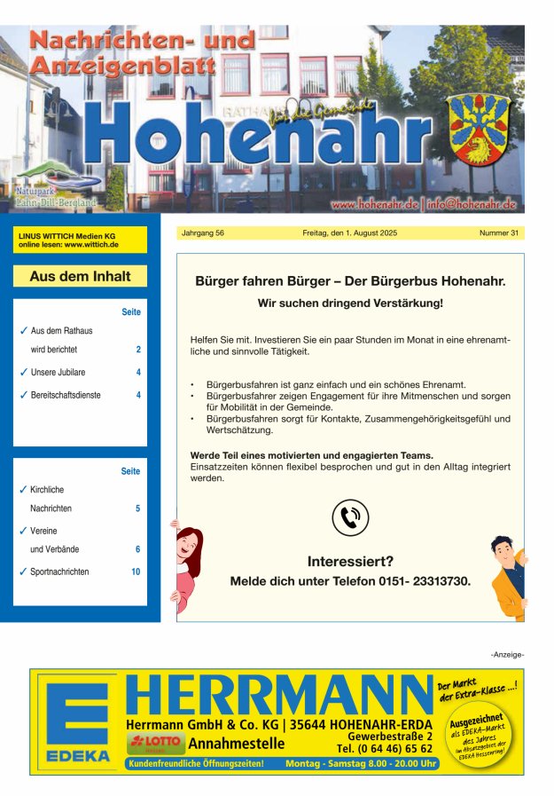 Nachrichten- und Anzeigenblatt für die Gemeinde Hohenahr Titelblatt 31/2025