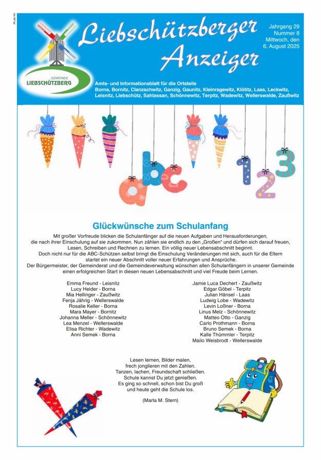 Liebschützberger Anzeiger - Amts- und Informationsblatt Titelblatt 08/2025