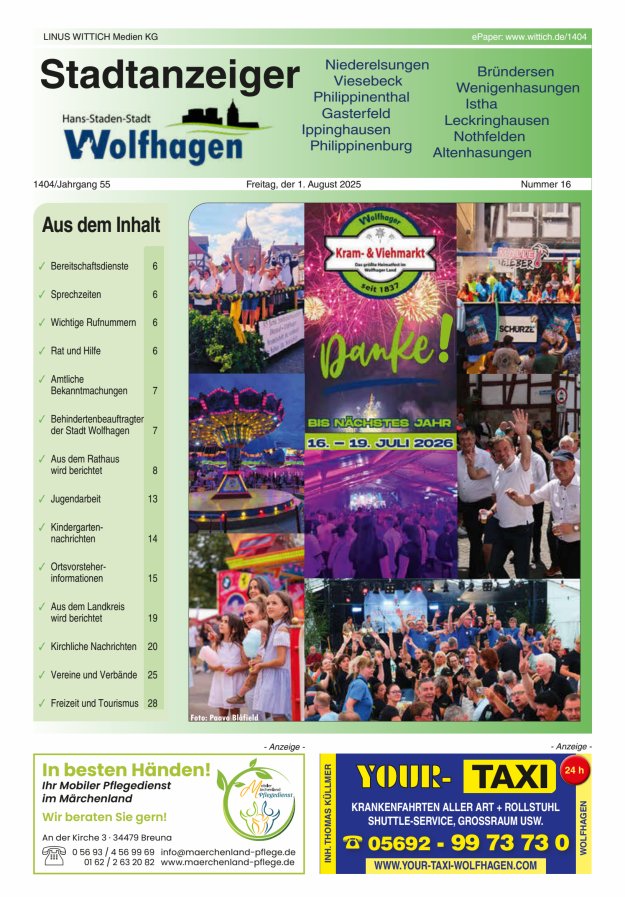 Wolfhager Stadtanzeiger Titelblatt 16/2025