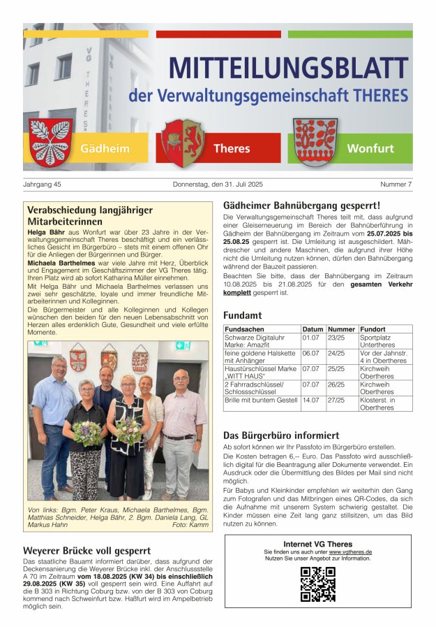 Mitteilungsblatt der Verwaltungsgemeinschaft Theres Titelblatt 07/2025