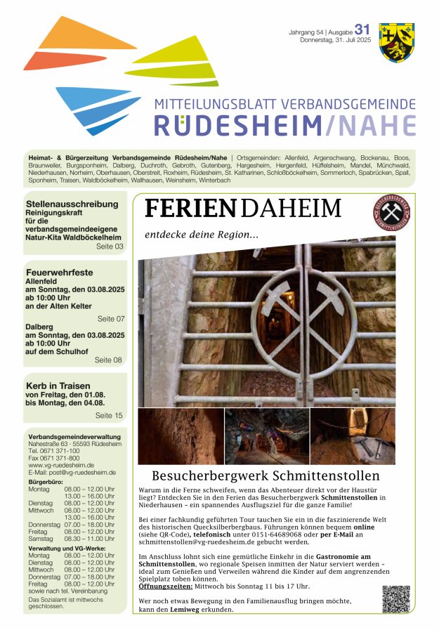 Mitteilungsblatt Verbandsgemeinde Rüdesheim und zugehörige Ortsgemeinden Titelblatt 31/2025