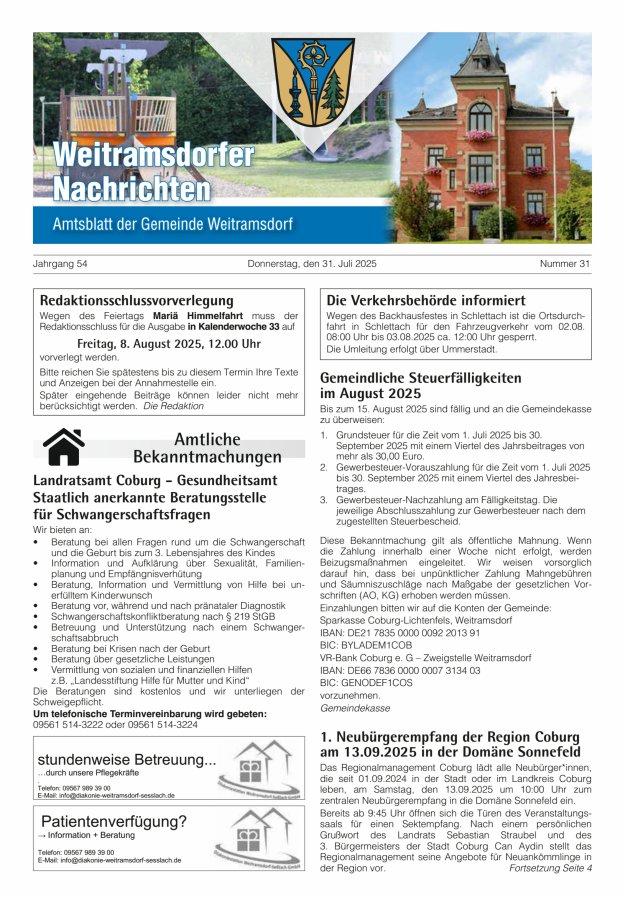 Weitramsdorfer Nachrichten Titelblatt 31/2025