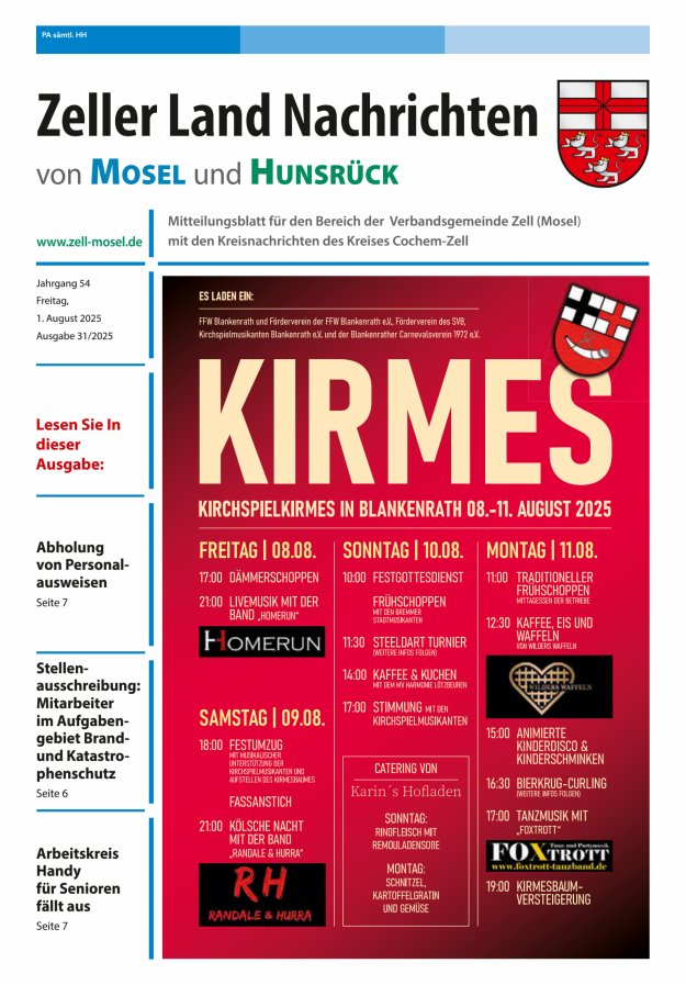 Zeller Land Nachrichten Titelblatt 31/2025