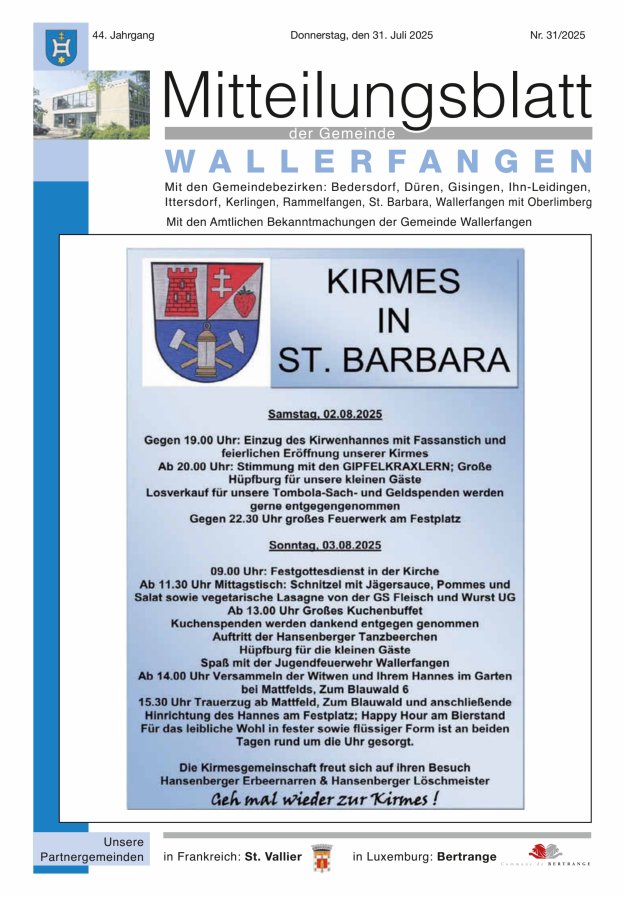 Mitteilungsblatt Gemeinde Wallerfangen Titelblatt 31/2025