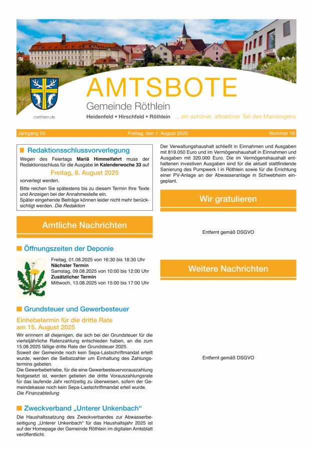 Amtsbote der Großgemeinde Röthlein Titelblatt 16/2025