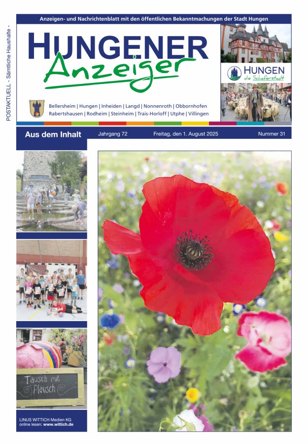 Anzeigen- und Nachrichtenblatt mit den öff  Bekanntmachungen der Stadt Hungen Titelblatt 31/2025