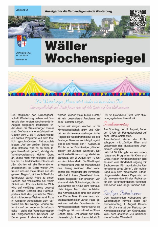Wäller Wochenspiegel - Anzeiger für die Verbandsgemeinde Westerburg Titelblatt 31/2025