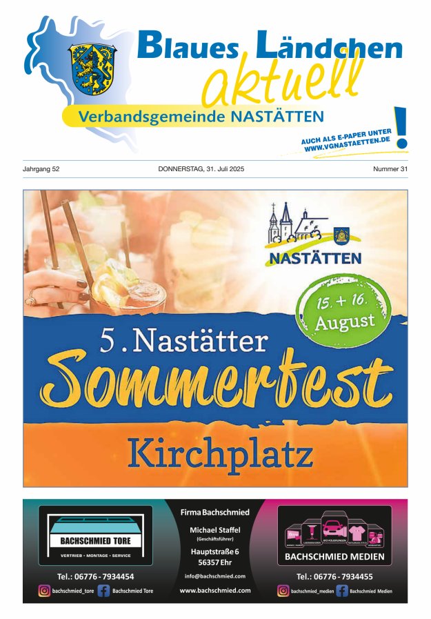 Blaues Ländchen aktuell - Heimat- u Bürgerzeitung VG Nastätten Titelblatt 31/2025