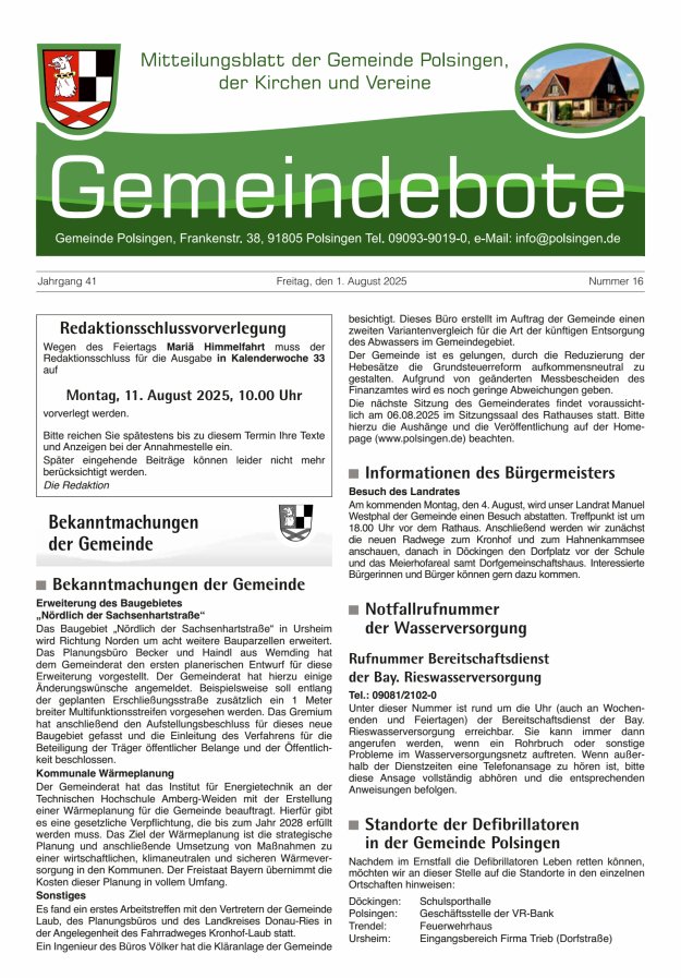 Polsingen - Der Gemeindebote Titelblatt 16/2025