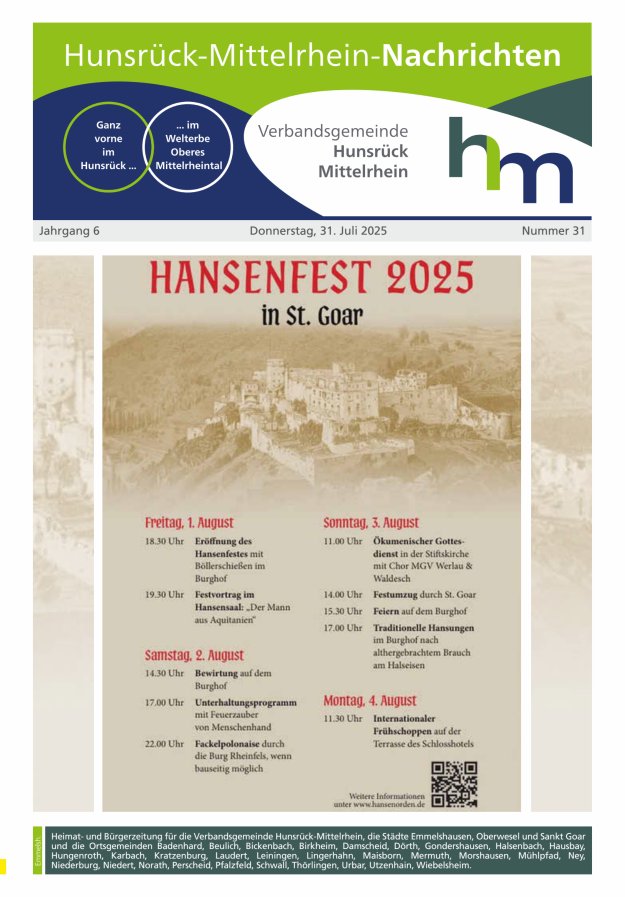 Hunsrück-Mittelrhein Nachrichten Ausgabe Emmelshausen Titelblatt 31/2025