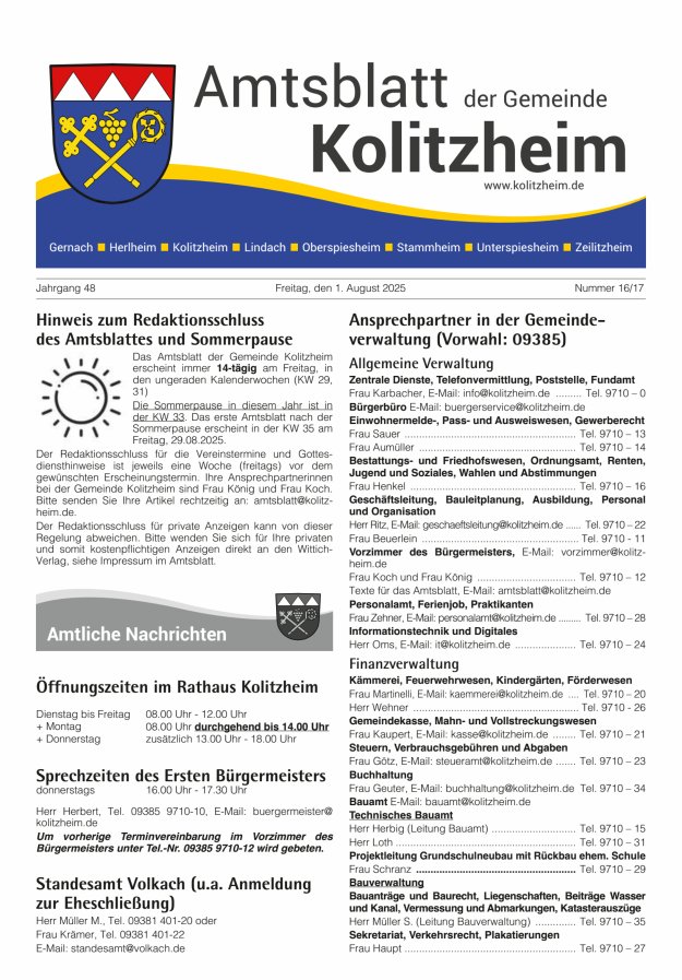 Amtsblatt der Gemeinde Kolitzheim Titelblatt 16/2025