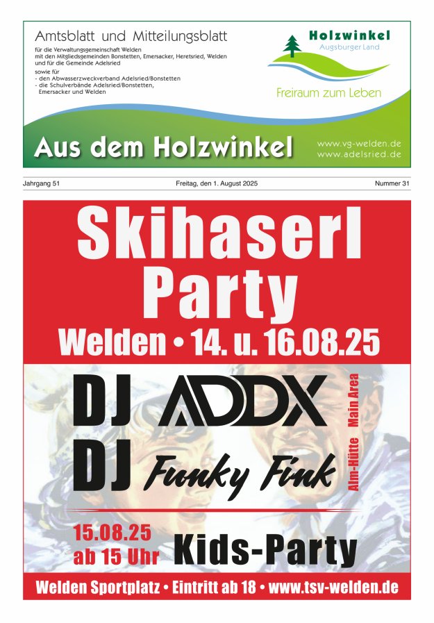 Aus dem Holzwinkel Amtsblatt u Mitteilungsblatt f VG Welden u GemAdelsried Titelblatt 31/2025