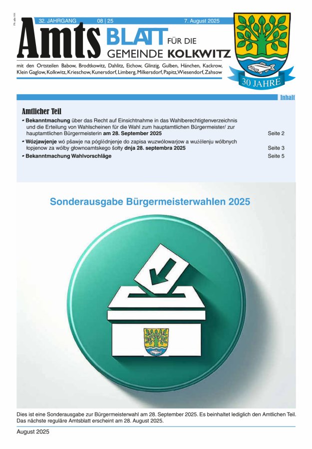 Amtsblatt für die Gemeinde Kolkwitz  Titelblatt 08/2025