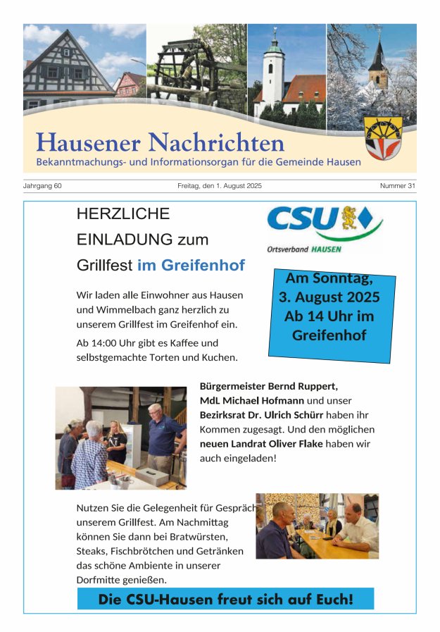 Hausener Nachrichten Titelblatt 31/2025