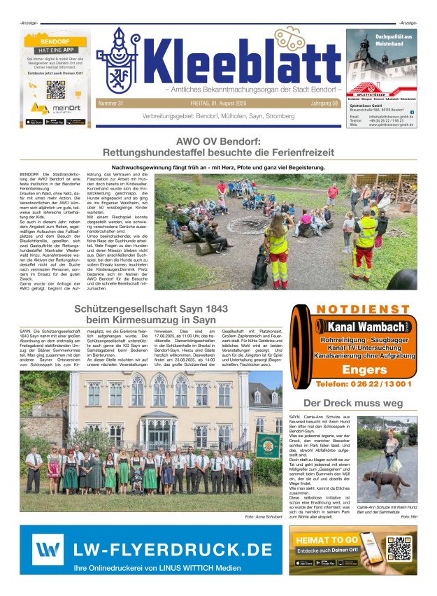 Kleeblatt - Amtliches Bekanntmachungsorgan der Stadt Bendorf Titelblatt 31/2025