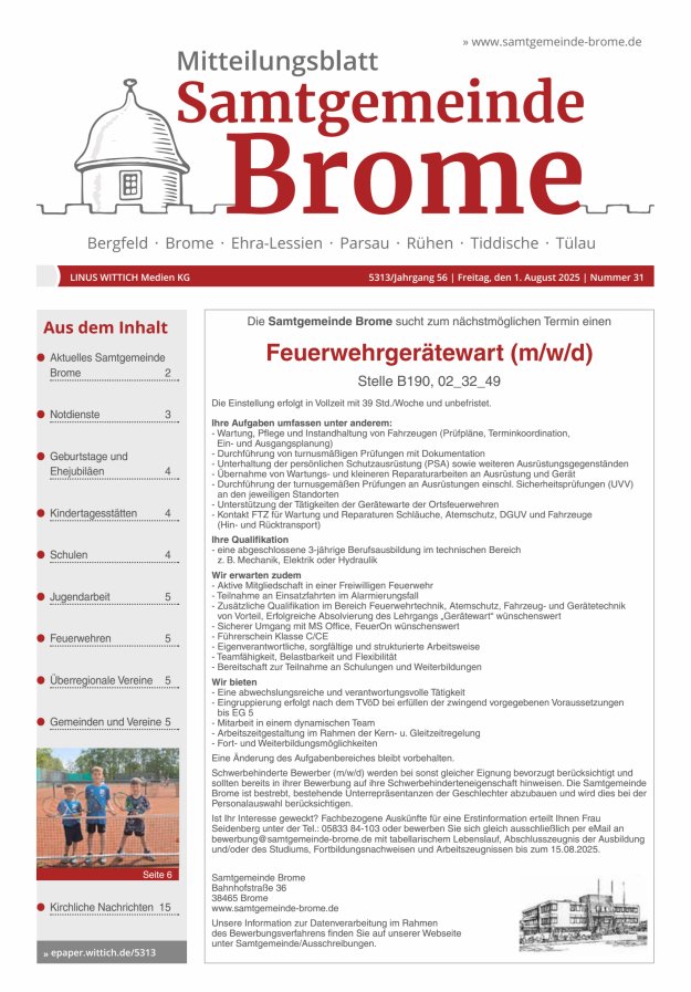 Mitteilungsblatt der Samtgemeinde Brome Titelblatt 31/2025