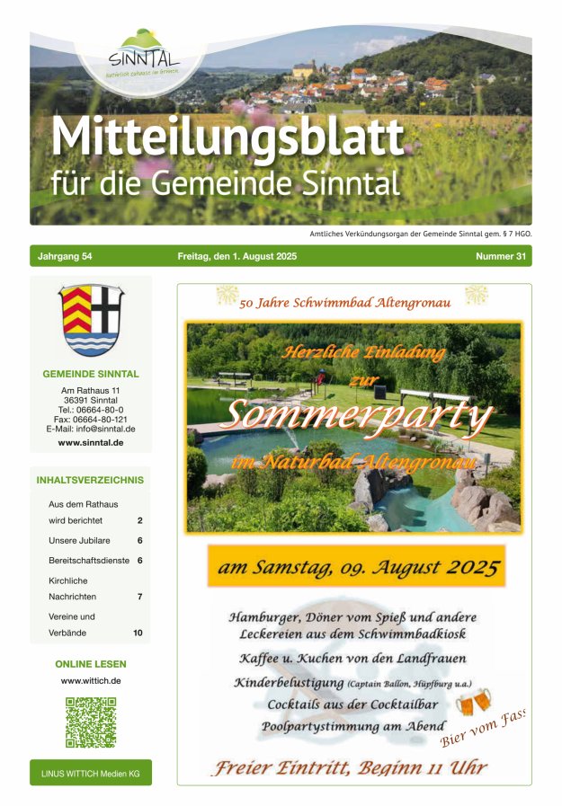 Mitteilungsblatt für die Gemeinde Sinntal Titelblatt 31/2025