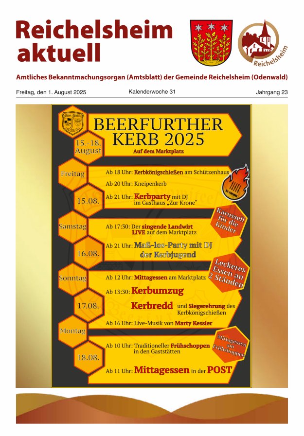 Reichelsheim aktuell - Amtsblatt der Gemeinde Reichelsheim(Odenwald) Titelblatt 31/2025