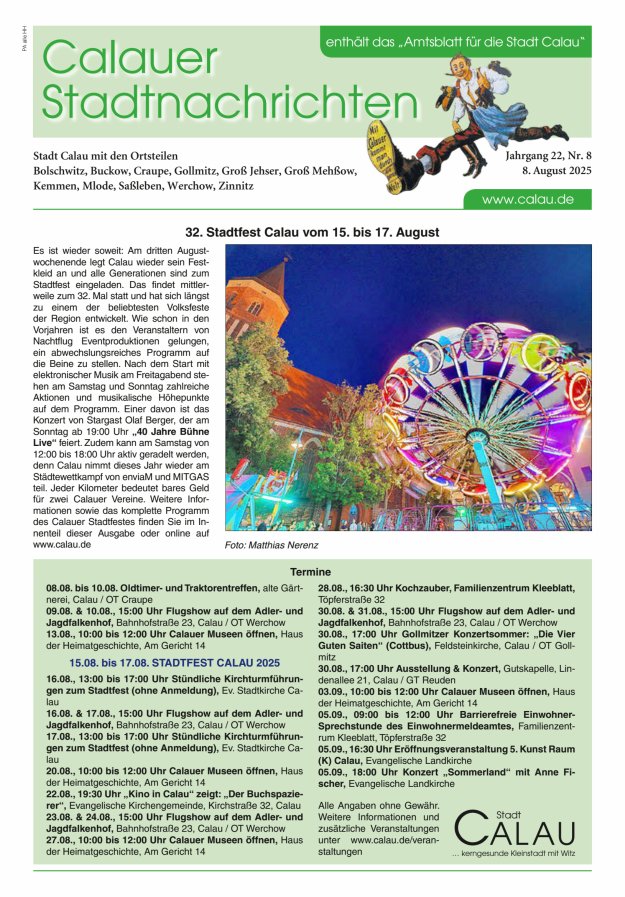 Calauer Stadtnachrichten  Titelblatt 08/2025