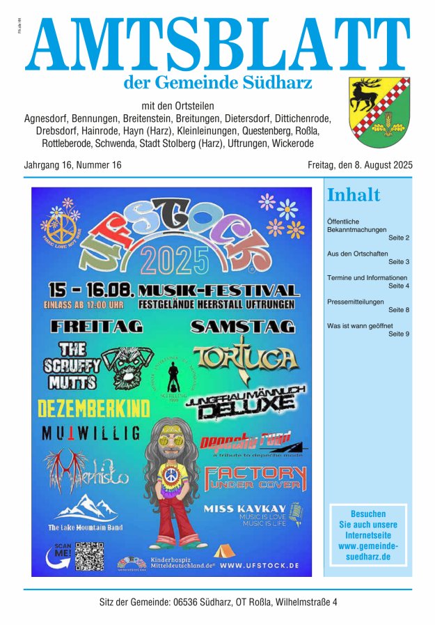Amtsblatt der Gemeinde Südharz Titelblatt 16/2025