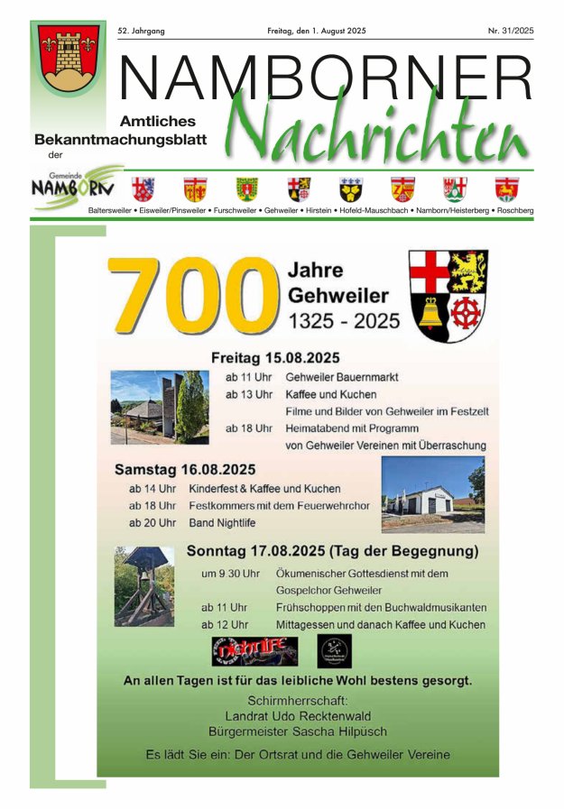 Namborner Nachrichten Titelblatt 31/2025