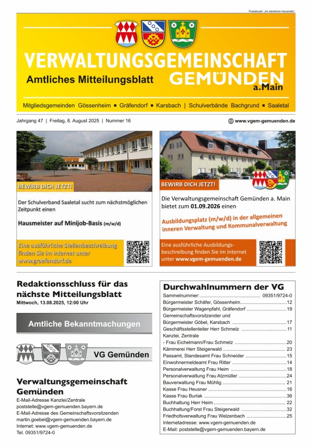 Mitteilungsblatt der VG Gemünden a Main Titelblatt 16/2025