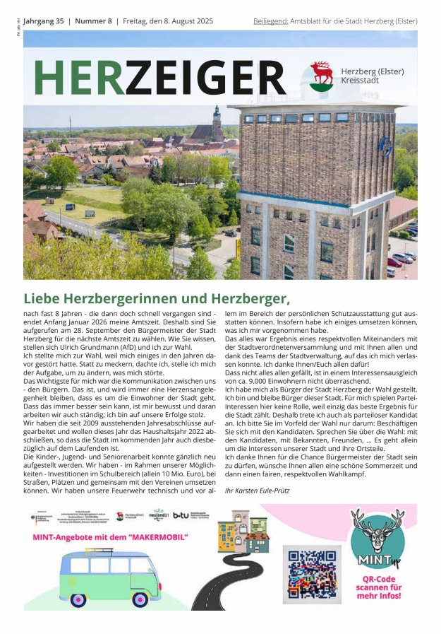 Amtsblatt für die Stadt Herzberg (Elster) mit Bekanntmachungen der Stadt  Titelblatt 08/2025