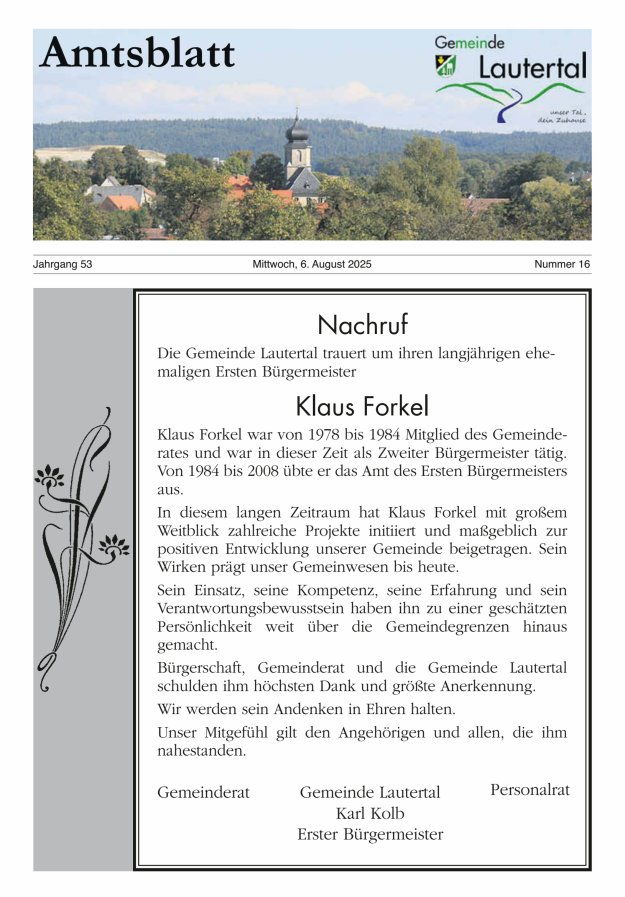 Amtsblatt der Gemeinde Lautertal Titelblatt 16/2025