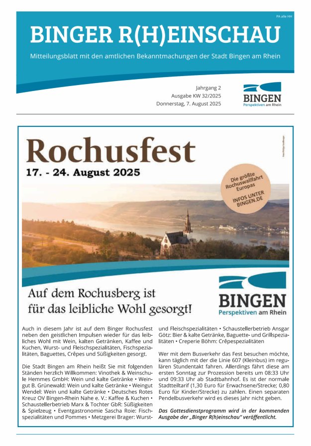 Binger R(h)einschau - Mitteilungsblatt mit den Amtlichen Bekanntmachungen der Stadt Bingen Titelblatt 32/2025